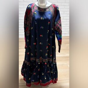Vintage KOOS Navy Floral Patchwork Long Sleeve Dress with Multicolor Accents